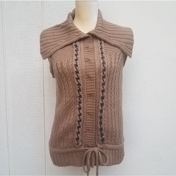 Elie Tahari tan wool button  heavy knitted sweater - Picture 1 of 5
